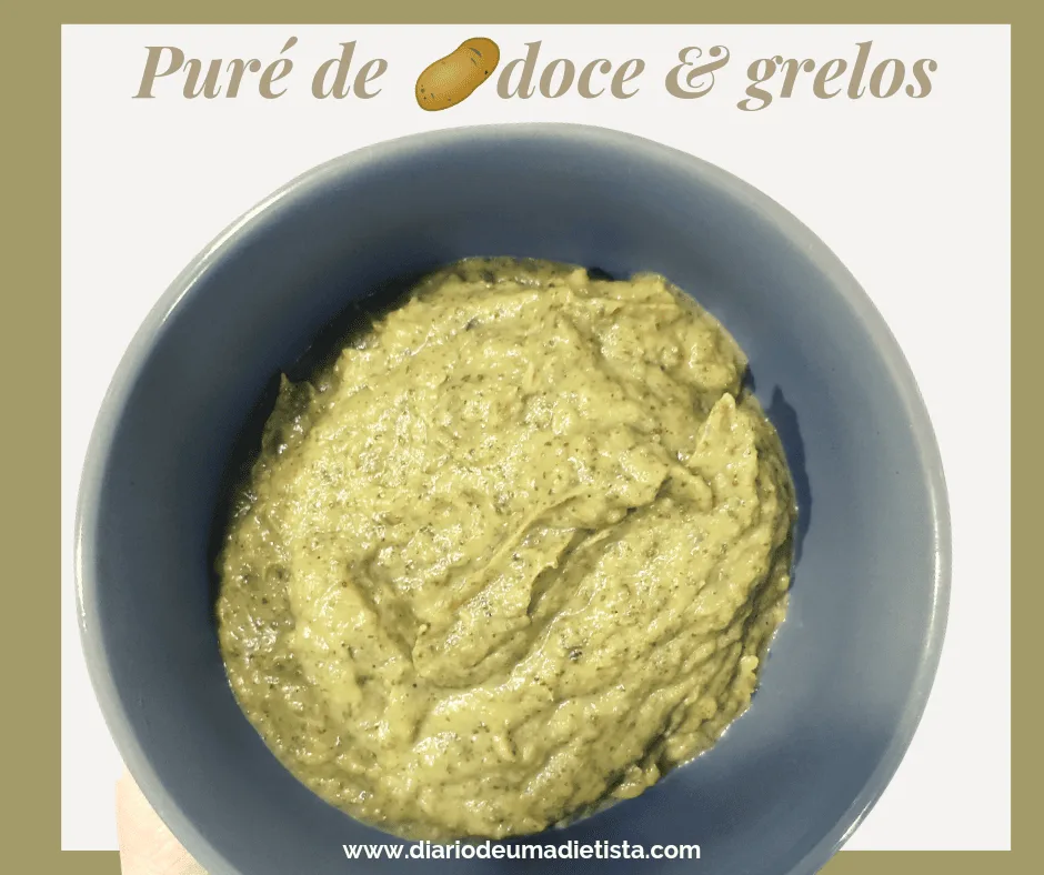 Purée de batata doce e grelos num tálão azul, prato saudável e nutritivo para uma alimentação equilibrada