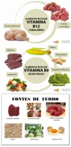 Infografia nutricional que lista fontes de vitamina B12, B9 e ferro, incluindo carnes, miúdos, legumes e gema de ovo