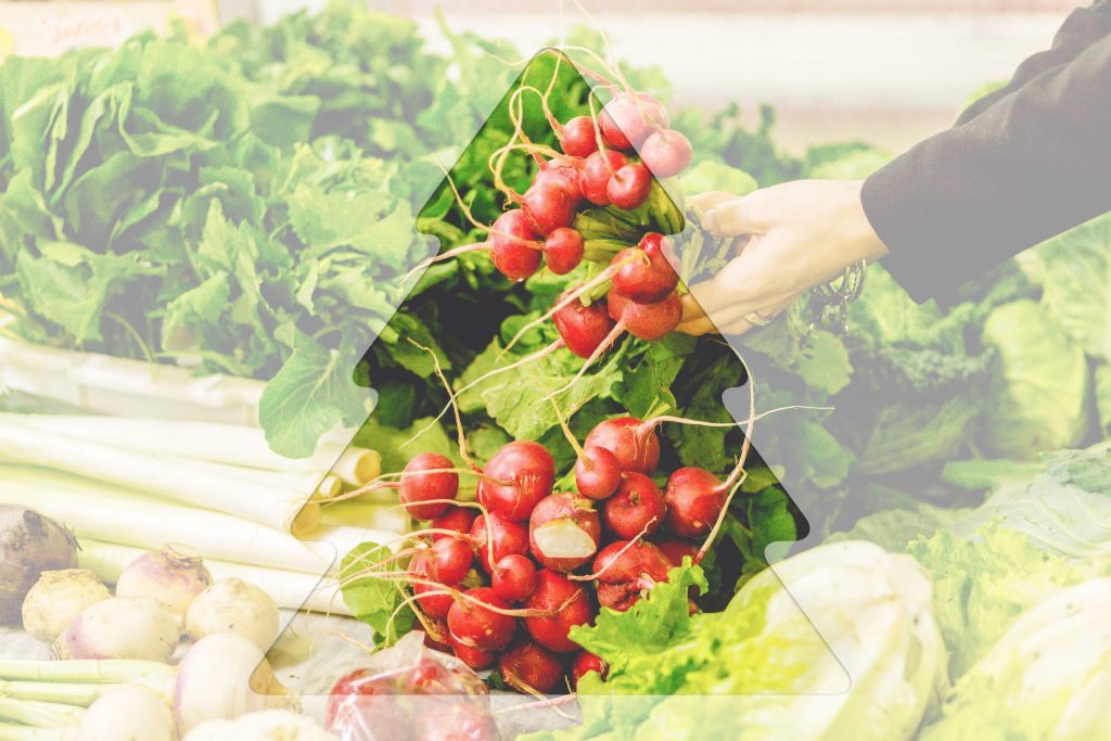 Mãos a escolher rabanetes frescos e alface num mercado, reforçando a importância da alimentação saudável