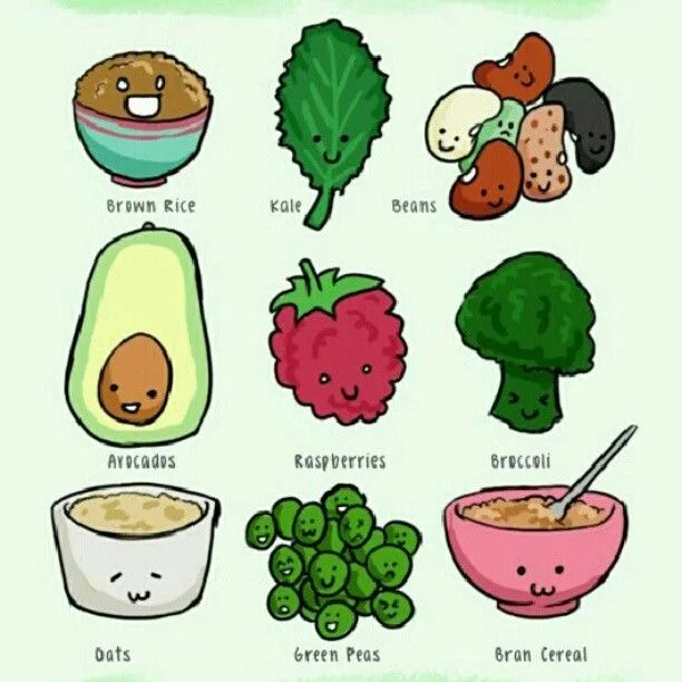 Ilustração com arroz integral, couve, feijão, abacate, framboesas, brócolos, aveia, ervilhas e farelo de trigo, todos