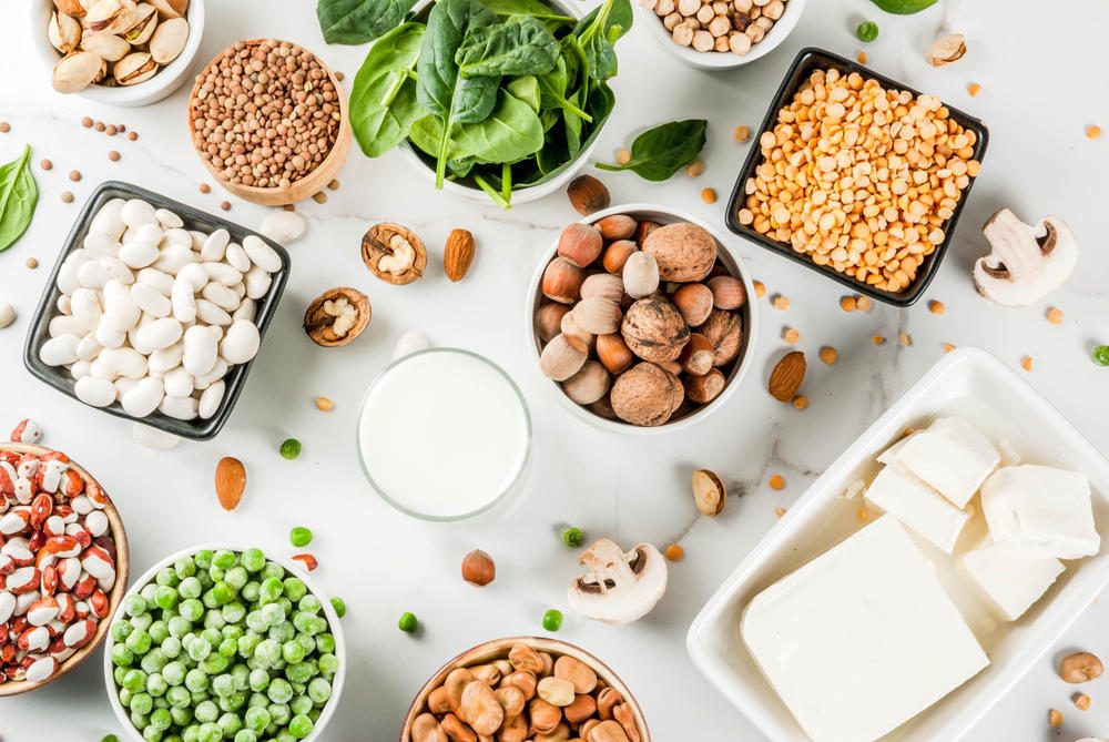 Fonte de proteína vegetal: feijão branco, grão-de-bico, lentilhas, espinafres, nozes, cogumelos, ervilhas e tofu