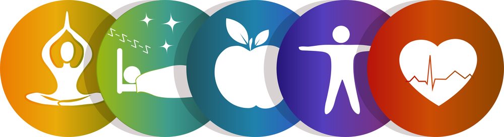 Ícones de bem-estar: ioga, sono, maçã, exercício e coração com ritmo cardíaco