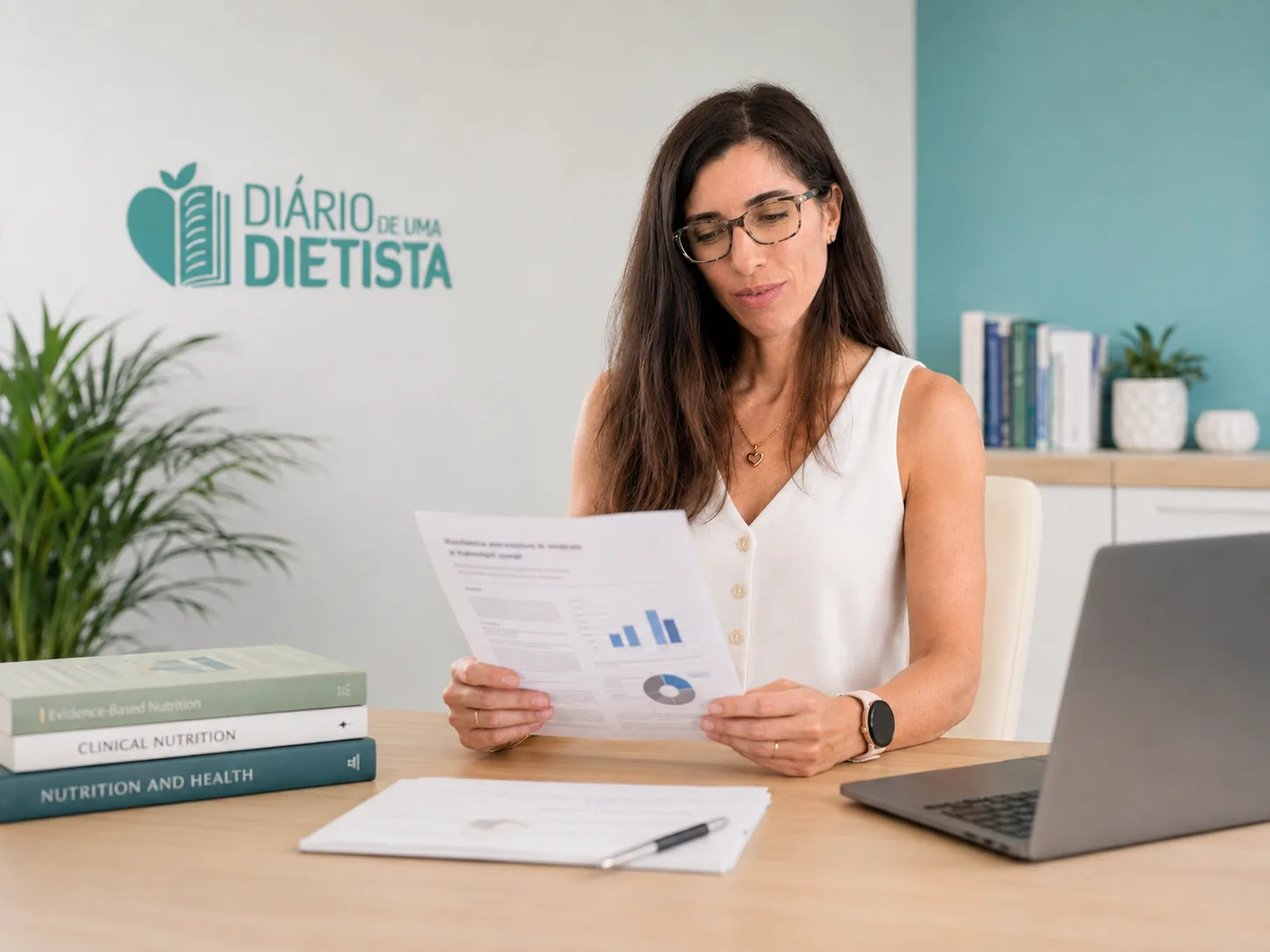 Catarina Cachão Bragadeste a analisar relatórios clínicos na secretária do consultório.
