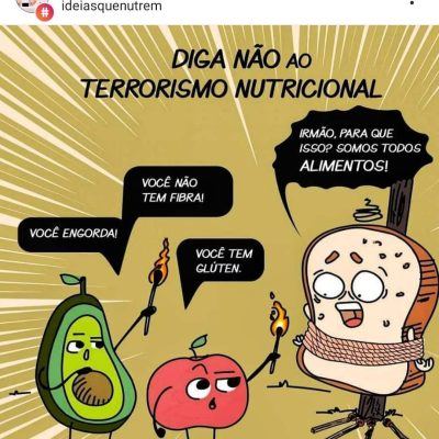 Cartoon critica o terrorismo nutricional: abacate e maçã acusam pão de ter glúten, enquanto ele grita que somos todos